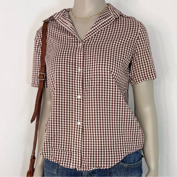 Vintage Brown Gingham Button Blouse Shirt Short Sleeve Cottagecore Country Large - Picture 1 of 6
